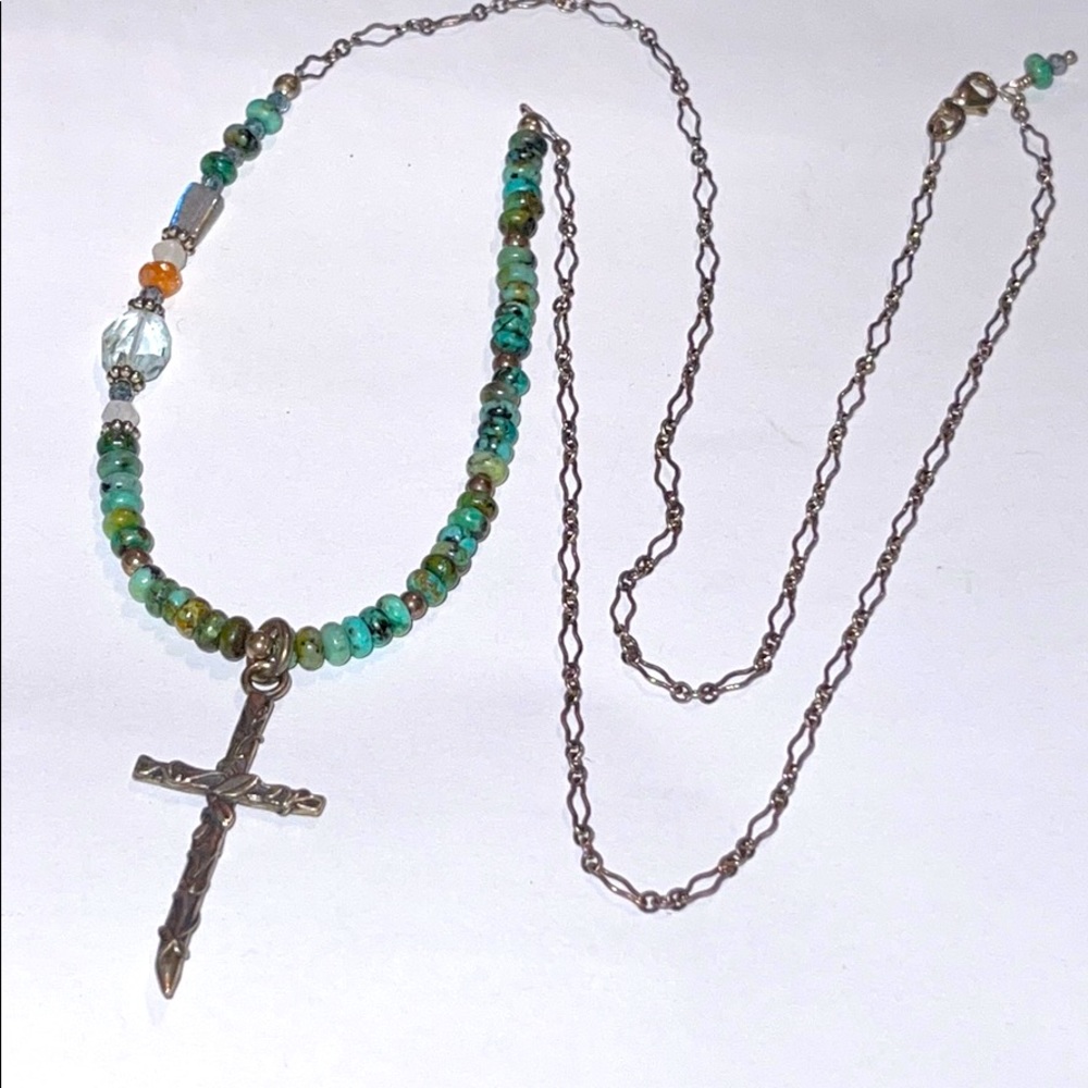 Silver Cross Pendant Necklace with Turquoise Beads - Women Jewelry